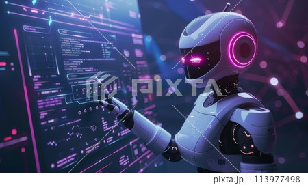 Futuristic depiction of a humanoid robot engaging with a digital interface in a cutting-edge setting 113977498