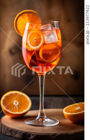 Orange Aperol cocktail with ice cubes and orange slices in a glass. Indoors in a photo studio on a table 113977622