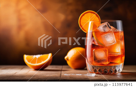 Orange Aperol cocktail with ice cubes and orange slices in a glass. Indoors in a photo studio on a table, copy space 113977641