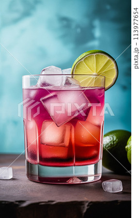Violet-red cocktail with ice cubes and lime slices in a glass. Indoors in a photo studio on a table Violet-red cocktail with ice cubes and lime slices in a glass. Indoors in a photo studio on a table 113977654