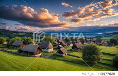 Panoramic top view of an old small abandoned ruined village on the hills with thatched roof huts at sunset with clouds in the sky 113977686