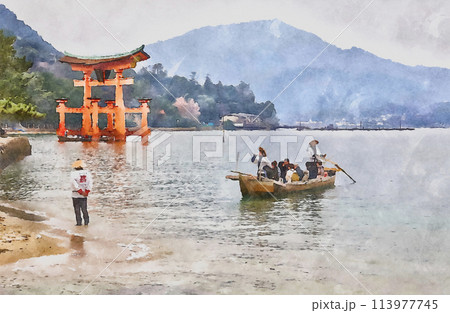 宮島の名所、厳島神社の大鳥居の近くを遊覧船「ろかい舟」に乗り海上参拝する観光客(一部がAI生成) 宮島の名所、厳島神社の大鳥居の近くを遊覧船「ろかい舟」に乗り海上参拝する観光客(一部がAI生成) 113977745