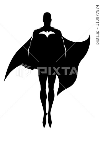 Front view silhouette illustration of determined and powerful superhero wearing cape while flying against white background for copy space. Front view silhouette illustration of determined and powerful superhero wearing cape while flying against white background for copy space. 113977974