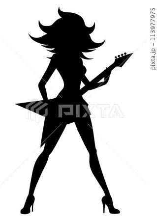 Female rockstar babe guitar silhouette posing vector illustration 113977975