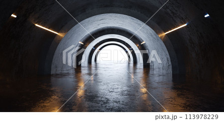 Journey towards light: dark tunnel leading to bright exit 3d render illustration 113978229