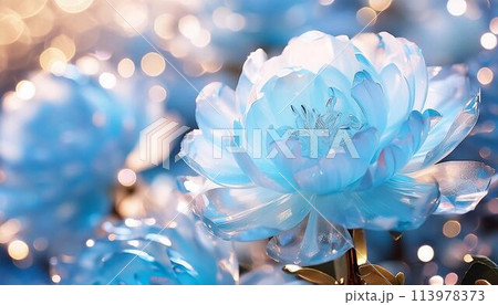 幻想的な透き通った青い牡丹の花 113978373