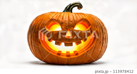 Orange pumpkin with carved face. 113978412