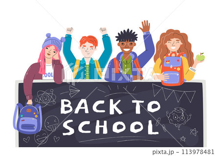 Back to school with diversity pupils flat concept 113978481