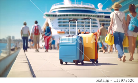 Yellow and blue suitcases stand in port as they are loading onto cruise ship. Family rest and vacation concept 113978520