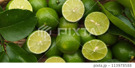 メキシカンライムと断面と、その枝と葉っぱ　メキシコより 113978588