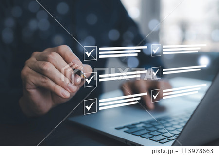 checklist and clipboard task documentation management, business people working laptop checklist questionnaire assessment form, online survey online exam Choosing the right answer in the exam checklist and clipboard task documentation management, business people working laptop checklist questionnaire assessment form, online survey online exam Choosing the right answer in the exam 113978663