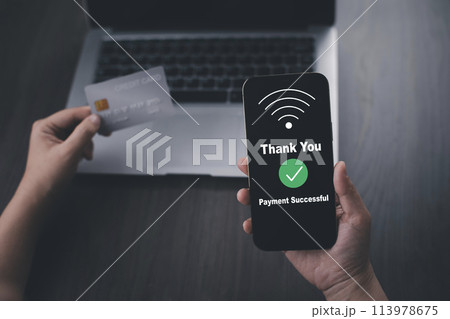 Smartphone with Online payment, Hand hold smartphone banking online bill payment Approved concept button, credit card and network connection icon on business technology virtual screen background Smartphone with Online payment, Hand hold smartphone banking online bill payment Approved concept button, credit card and network connection icon on business technology virtual screen background 113978675