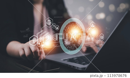 Programmer people working laptops or smartphones with AI, artificial intelligence software engineer coding on laptop computers with technology icons and binary code, big data, Ai bot digital machine 113978676