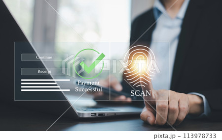 Online payment with digital marketing, Smartphone with banking online bill payment Approved concept button, credit card and network connection icon on business technology virtual screen background 113978733