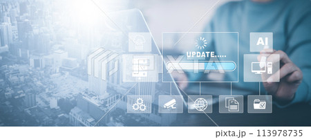 Businessman hold laptop with Update Software Computer Program Upgrade Business Technology Internet, Update on virtual screen. Internet and technology concept, loading bar with installing the update. 113978735
