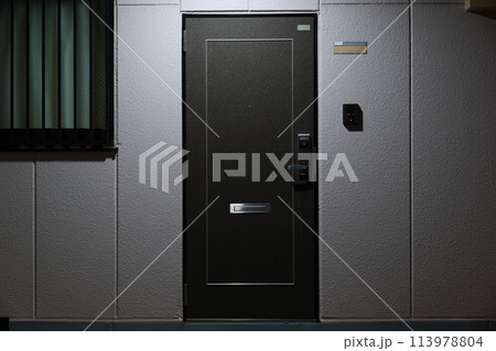 夜間の玄関ドアとインターフォン 113978804