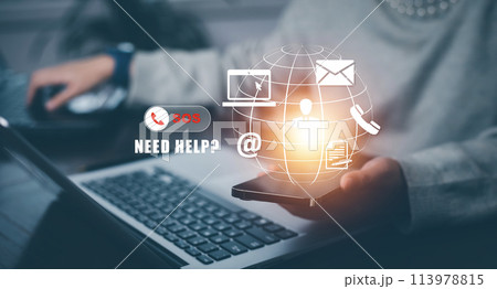 SOS with Emergency app concept, Business people using a laptop and touch bar Emergency app at home, call phone, Chat message icon, Emergency application from smartphone for elderly, call for help 113978815
