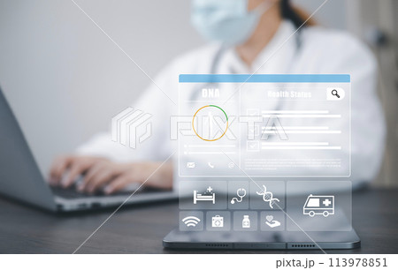 Medical doctor and medical technology and futuristic concept, Doctor using laptop and health medical network connection icon on virtual screen interface, Modern medical technology and innovation. 113978851