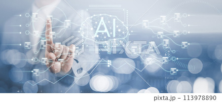 Artificial Intelligence (AI), on the big data network, Big data and Financial banking, Businessman working and touch digital coding programming, technology icons, and binary code, big data, Ai bot Artificial Intelligence (AI), on the big data network, Big data and Financial banking, Businessman working and touch digital coding programming, technology icons, and binary code, big data, Ai bot 113978890