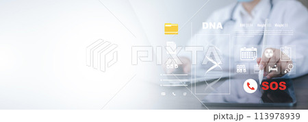 Medical doctor and medical technology and futuristic concept, Doctor using laptop and health medical network connection icon on virtual screen interface, Modern medical technology and innovation. 113978939