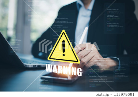 notification error 404 and maintenance with triangle caution warning sign for notification error, Programmer using laptop with triangle caution warning sign, hacker attacks cyber crime, cyber security 113979091