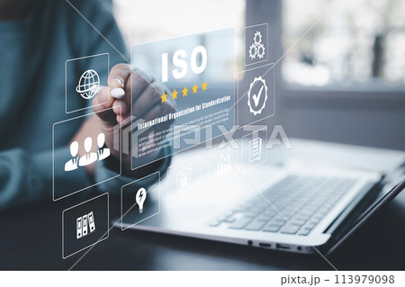 Business people working Laptops with ISO standards quality control concept, assurance warranty, Quality control standards, Researching international standards organization, Business technology concept 113979098