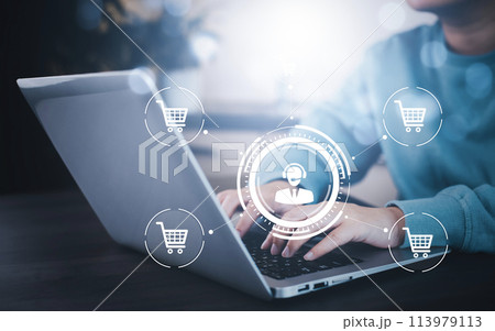 Businessman hold smartphone with online shopping concept, marketplace website with virtual interface of online Shopping cart part of the network, Online shopping business with selecting shopping cart. 113979113