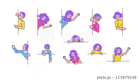 Young cartoon characters playing peekaboo, hiding behind lines, colorful joyful illustrations. Vibrant cartoon people engaging playful activities, peering around corners bright expressions. Flat Young cartoon characters playing peekaboo, hiding behind lines, colorful joyful illustrations. Vibrant cartoon people engaging playful activities, peering around corners bright expressions. Flat 113979248