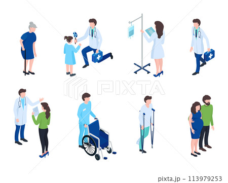 Isometric medical staff providing care support diverse patients. Doctors, nurses, elderly injured characters interacting healthcare settings. Pregnant couple, wheelchair assistance, IV drip stand 113979253