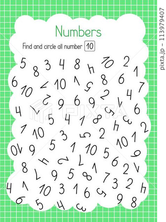Find and circle number ten simple educational activity for children, outline hand drawn vector illustration, educational printable worksheet, leisure activity learning concept, teacher resources 113979407