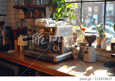 Elegant espresso machine catching morning light 113979637