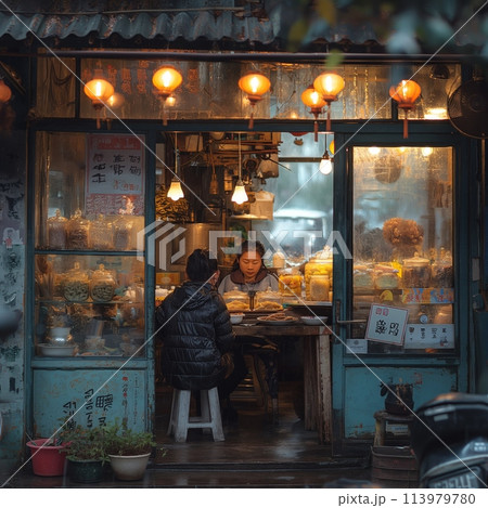 Person eating in a traditional Asian eatery 113979780