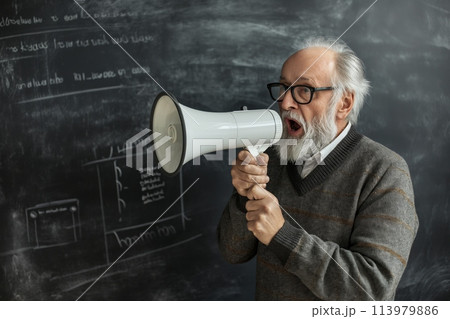 Senior professor shouting through megaphone 113979886