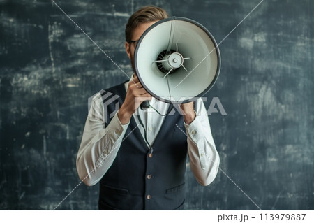 Businessman yelling through megaphone 113979887