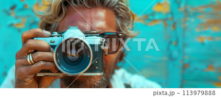 Vintage camera held in focus by a person 113979888