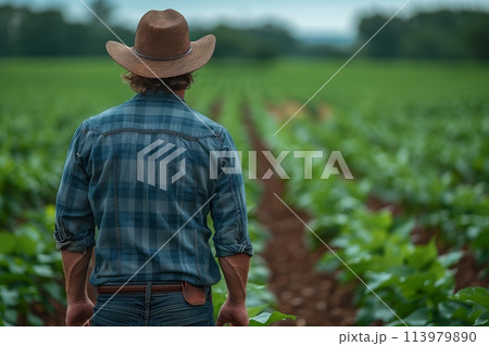 Farmer surveying a young crop field 113979890