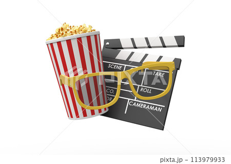 Popcorn and clapperboard with yellow glasses Popcorn and clapperboard with yellow glasses 113979933