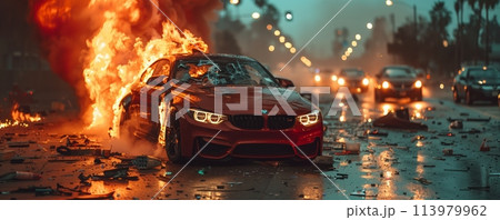 Fiery crash scene with a sports car in rain Fiery crash scene with a sports car in rain 113979962