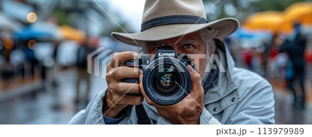 Photographer outdoors in urban setting 113979989