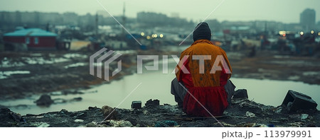 Person in orange robe sitting by urban waterside 113979991