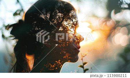 The double exposure picture between adult female and beautiful nature. AIGX01. 113980211
