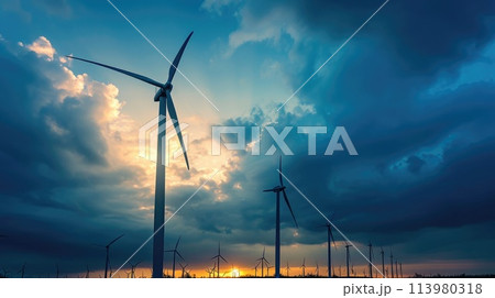 Wind Turbines on Rolling Hills at Sunset Panorama. Resplendent. Wind Turbines on Rolling Hills at Sunset Panorama. Resplendent. 113980318