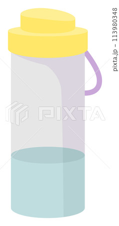 Plastic water bottle vector illustration featuring yellow lid. Clear water container graphics purple handle, flat design style. Isolated white background sport hydration equipment Plastic water bottle vector illustration featuring yellow lid. Clear water container graphics purple handle, flat design style. Isolated white background sport hydration equipment 113980348