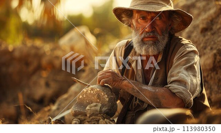 The archaeologist is working in the dig site to search for antique item. AIG43. 113980350