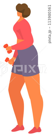 African American woman exercising dumbbells, wearing sportswear, engaged fitness activity. Curvy female workout, strength training, healthy lifestyle, staying active. Profile view person maintaining African American woman exercising dumbbells, wearing sportswear, engaged fitness activity. Curvy female workout, strength training, healthy lifestyle, staying active. Profile view person maintaining 113980361