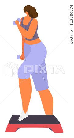 Plussize woman exercising, lifting weights, engaging fitness. Curvy female character workout, healthy lifestyle graphic. Fitness motivation illustration, overweight woman active gym exercise Plussize woman exercising, lifting weights, engaging fitness. Curvy female character workout, healthy lifestyle graphic. Fitness motivation illustration, overweight woman active gym exercise 113980374