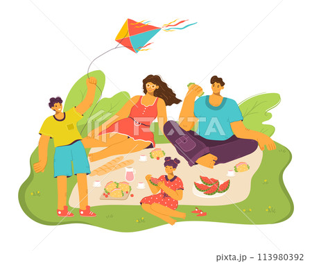 Family enjoying picnic green grass, children parents eating, flying kite. Young boy flies colorful kite, parents young girl sit around foodladen blanket, happy leisure activity outdoors. Casual Family enjoying picnic green grass, children parents eating, flying kite. Young boy flies colorful kite, parents young girl sit around foodladen blanket, happy leisure activity outdoors. Casual 113980392