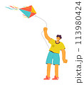 Young male flying colorful kite sky clear day. Happy cartoon character enjoying outdoor activity leisure. Casual attire kid playing wind game summer vibrant hues 113980424