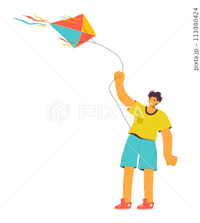 Young male flying colorful kite sky clear day. Happy cartoon character enjoying outdoor activity leisure. Casual attire kid playing wind game summer vibrant hues 113980424