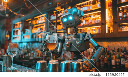 The robot that working as bartender at the bar and serving the beverage. AIG43. 113980425